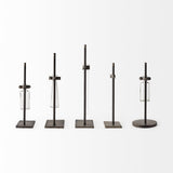 Mercana Jarvis Set of Five Dark Brown Metal and Glass Chemistry Inspired Bottles