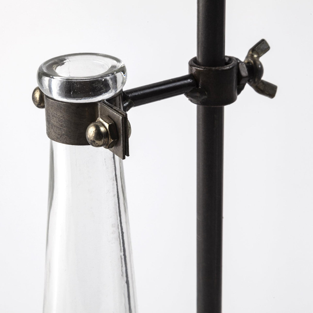 Mercana Jarvis Set of Five Dark Brown Metal and Glass Chemistry Inspired Bottles