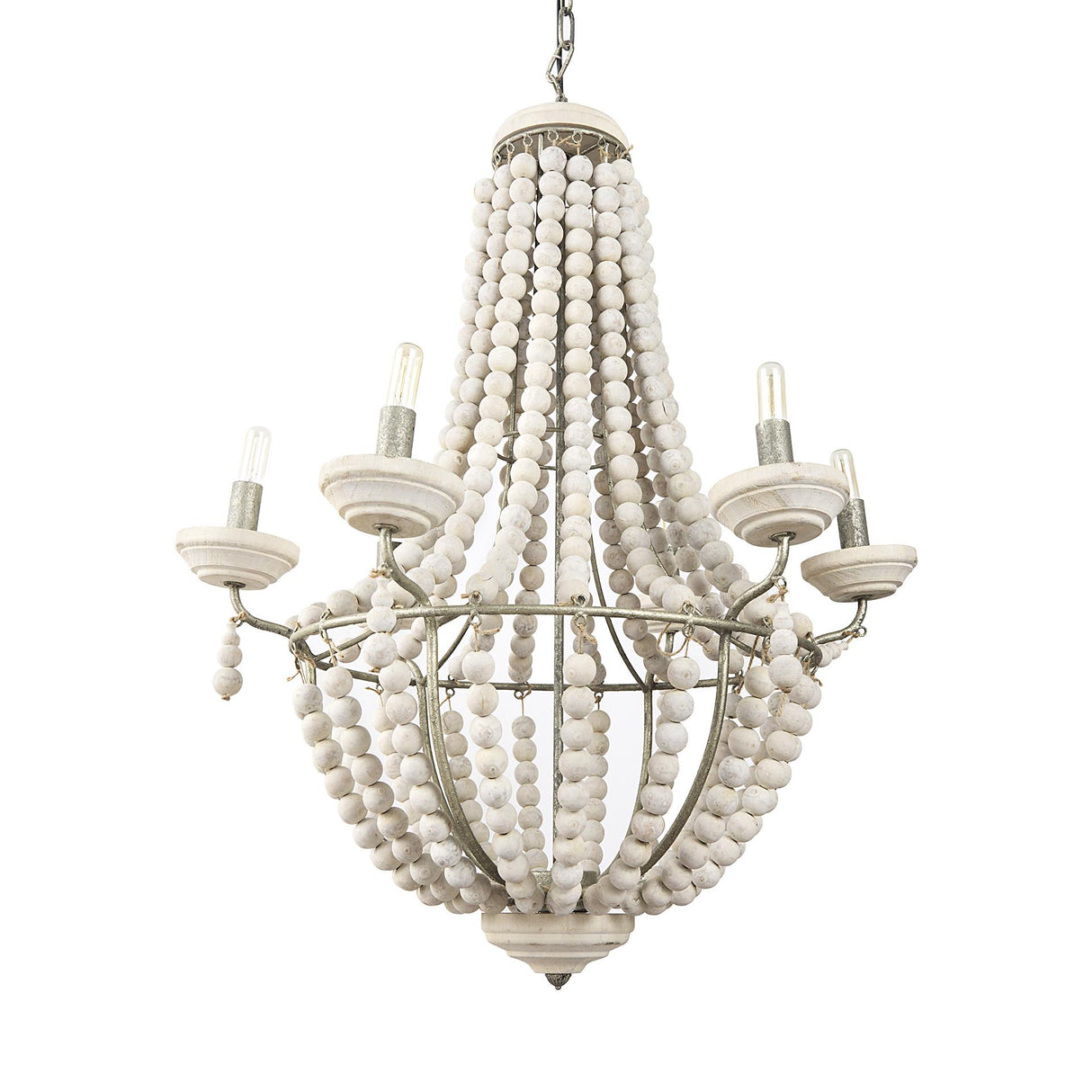 Mercana Phillum (29"x37") Silver Metal Chassis and White Wood Beaded Six Bulb Chandelier
