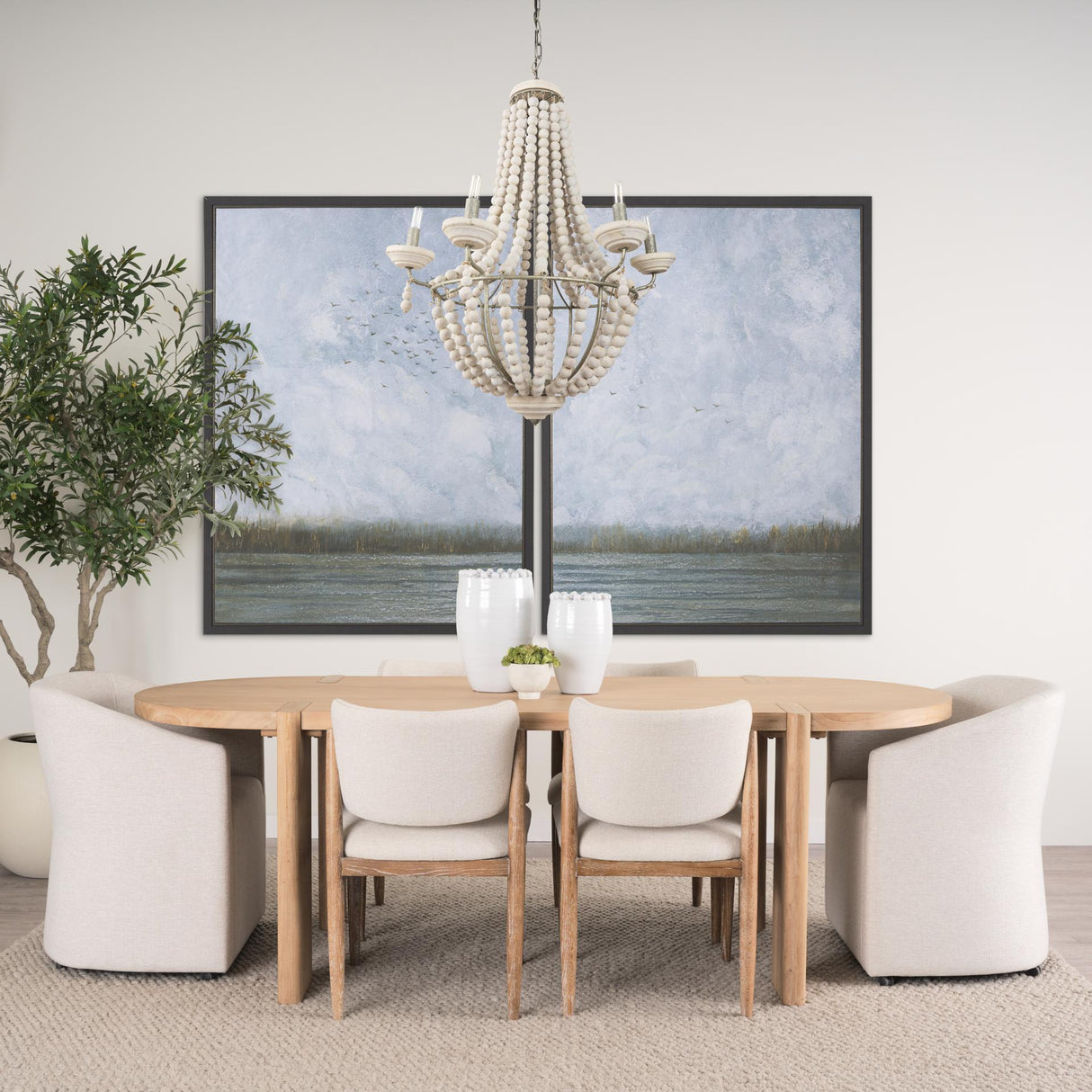 Mercana Phillum (29"x37") Silver Metal Chassis and White Wood Beaded Six Bulb Chandelier