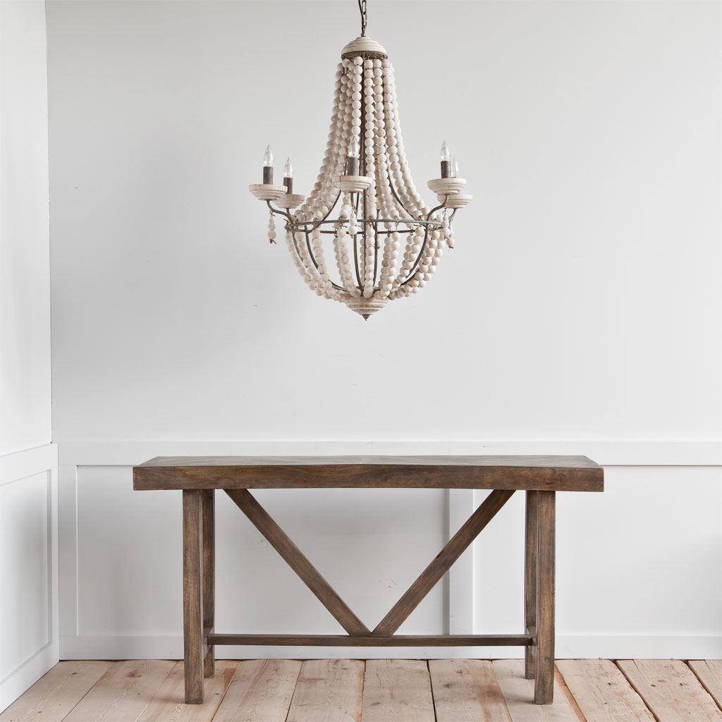 Mercana Phillum (29"x37") Silver Metal Chassis and White Wood Beaded Six Bulb Chandelier