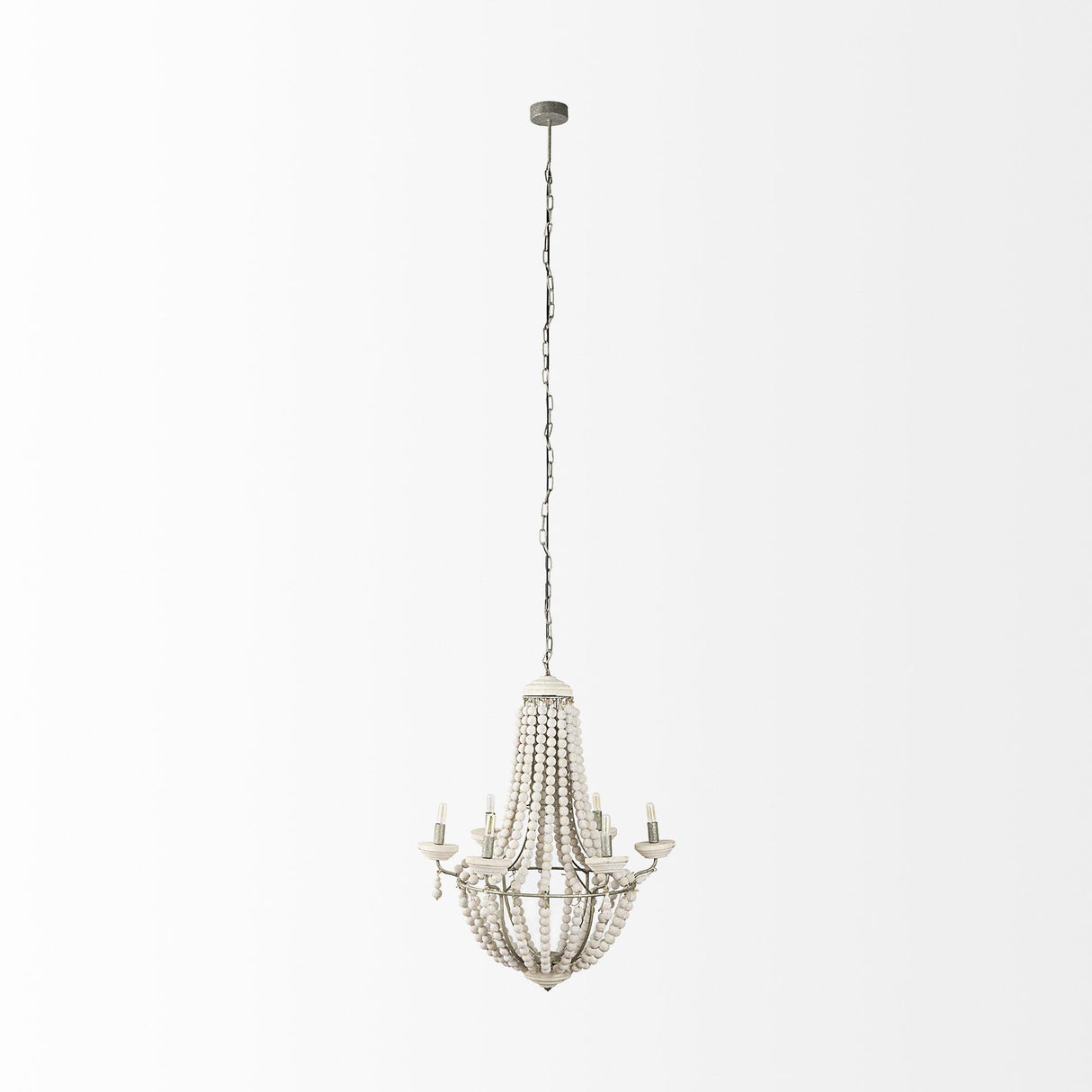 Mercana Phillum (29"x37") Silver Metal Chassis and White Wood Beaded Six Bulb Chandelier