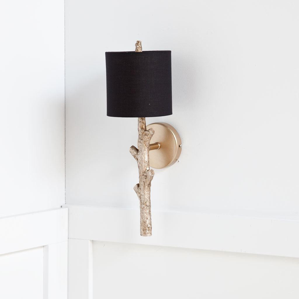Mercana Sabinal II 7x18 Gold Resin Tree Branch Black Fabric Shade Wall Sconce