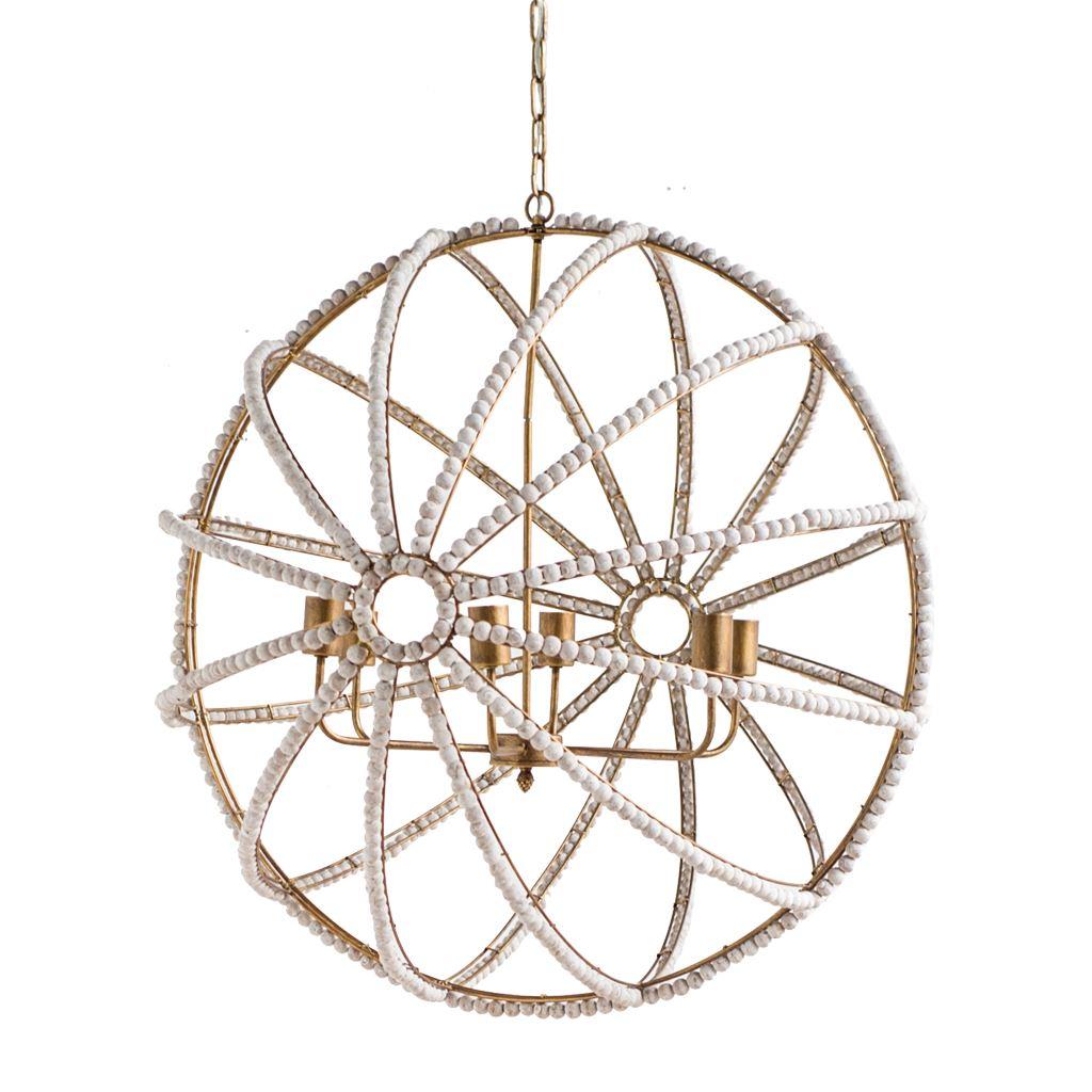 Mercana Ava White (34"D) Gold Metal and White Wood Beaded Six Bulb Chandelier