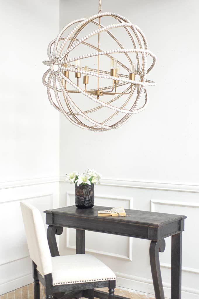 Mercana Ava White (34"D) Gold Metal and White Wood Beaded Six Bulb Chandelier