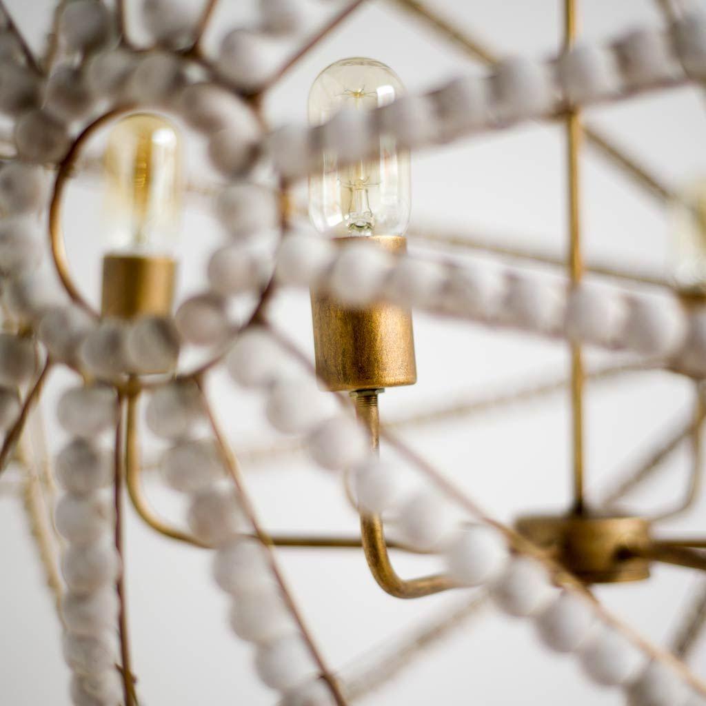 Mercana Ava White (34"D) Gold Metal and White Wood Beaded Six Bulb Chandelier