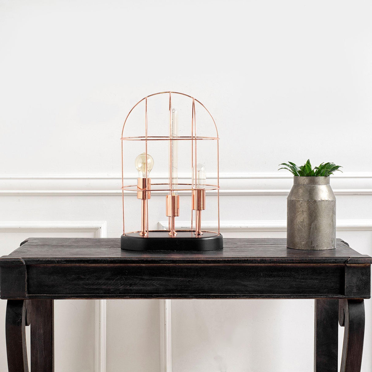Mercana Sutton (19.3"H) Rose-Gold Metal Cylindrical Cage Three Bulb Table Lamp