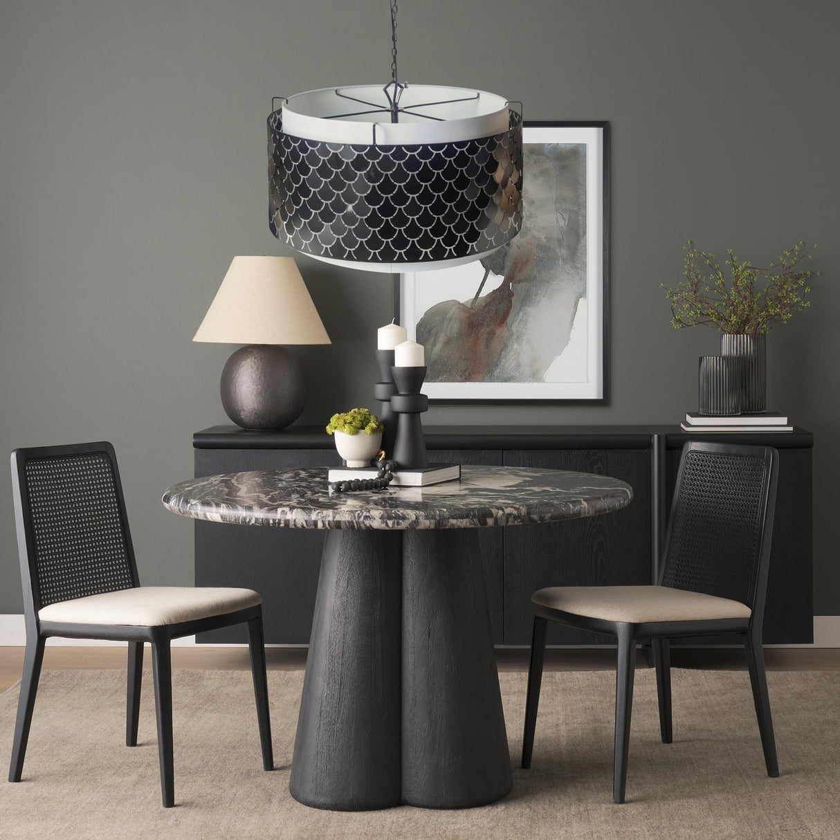 Mercana Brasseur I (26"x15") Charcoal Black Metal Fish Scale Three Bulb Chandelier