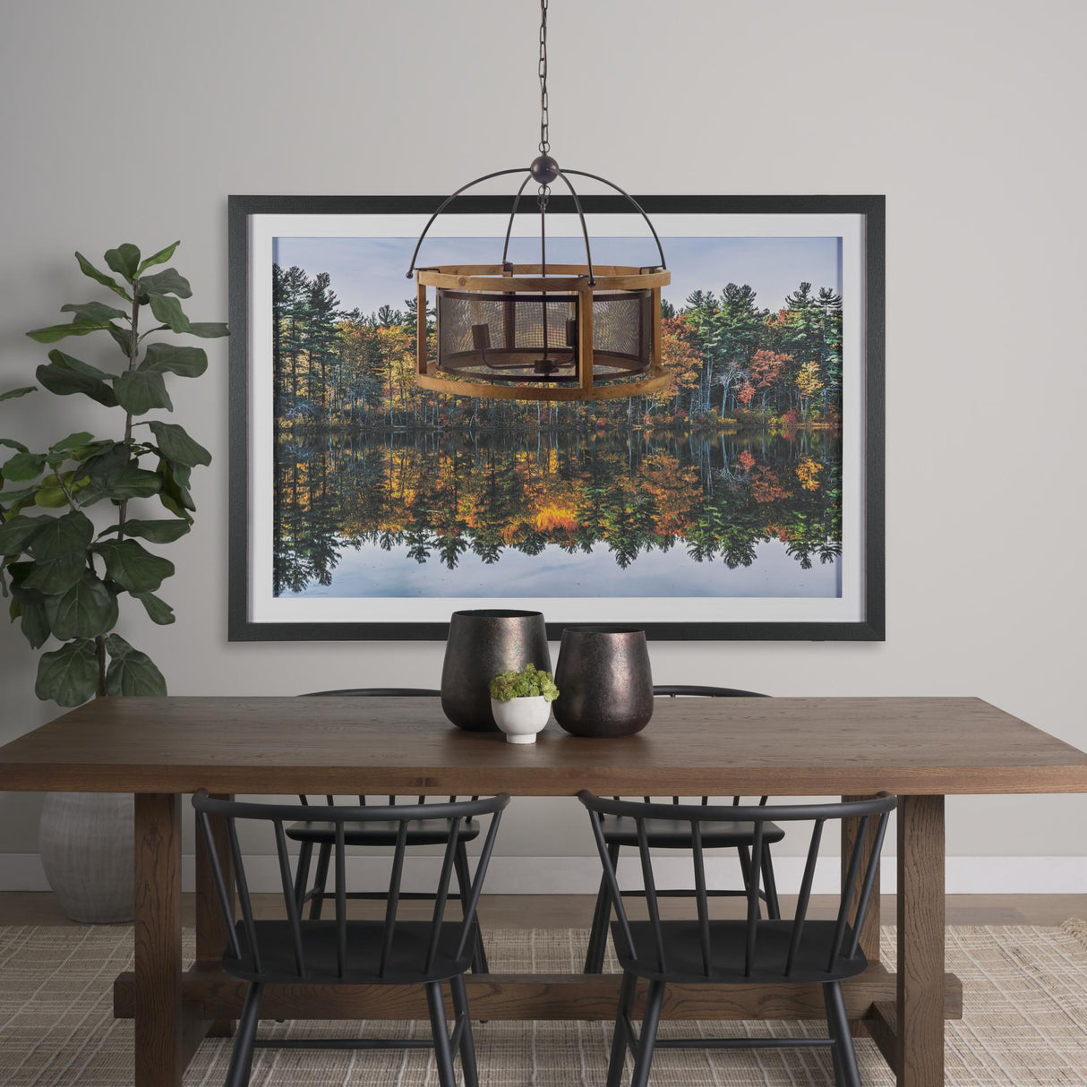 Mercana Penhill (25"x24") Black and Wooden Three Bulb Chandelier