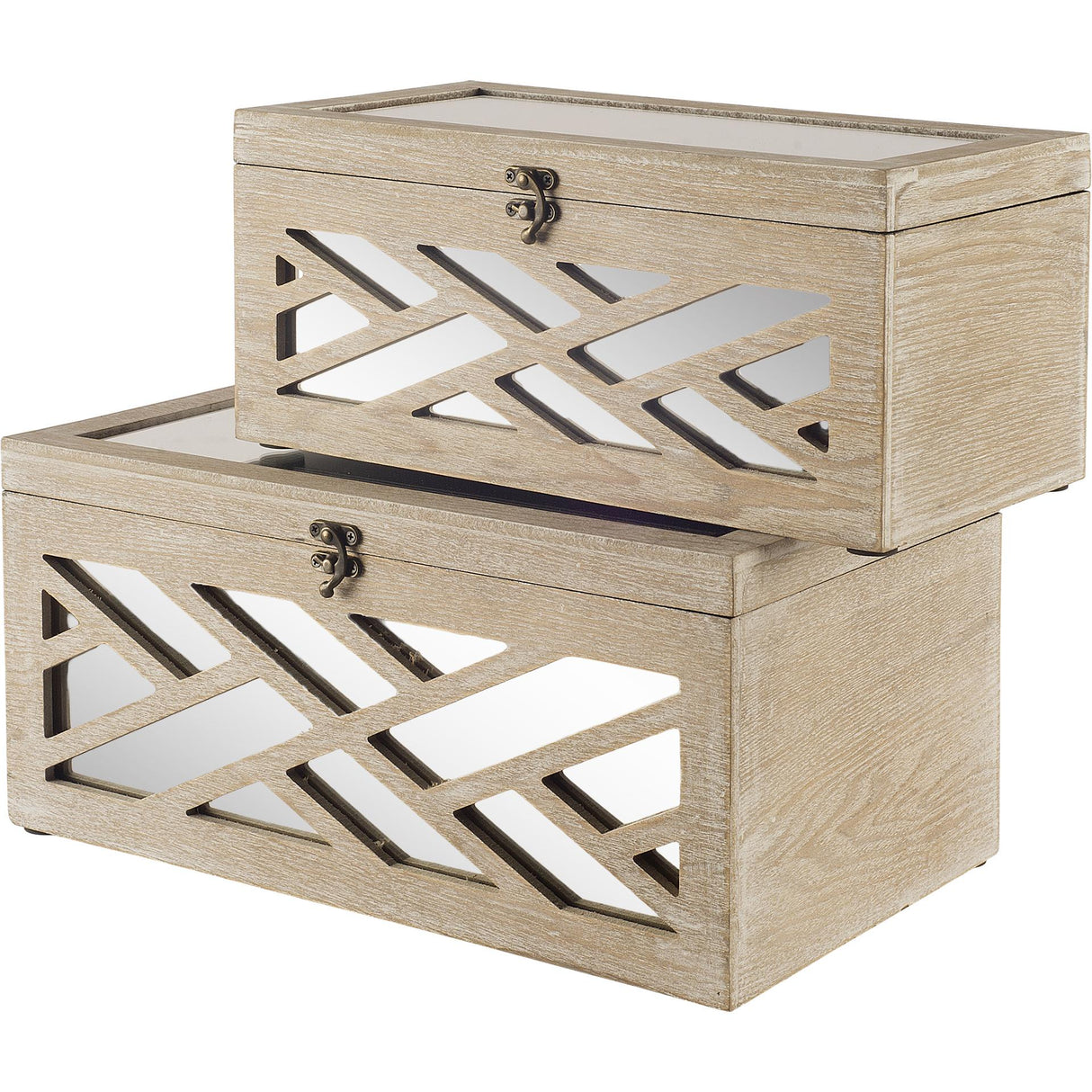 Mercana Tiffany (Set of 2) Off-White Wooden W/ Mirror Inlay Chevron Boxes