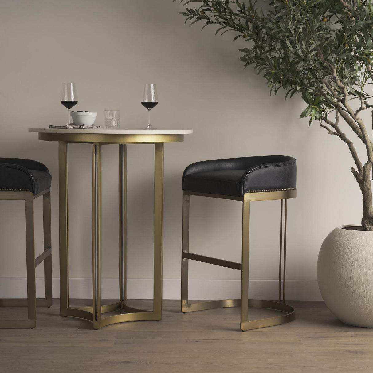 Mercana Hollyfield II Black Leather Seat Gold Metal Base Bar Stool
