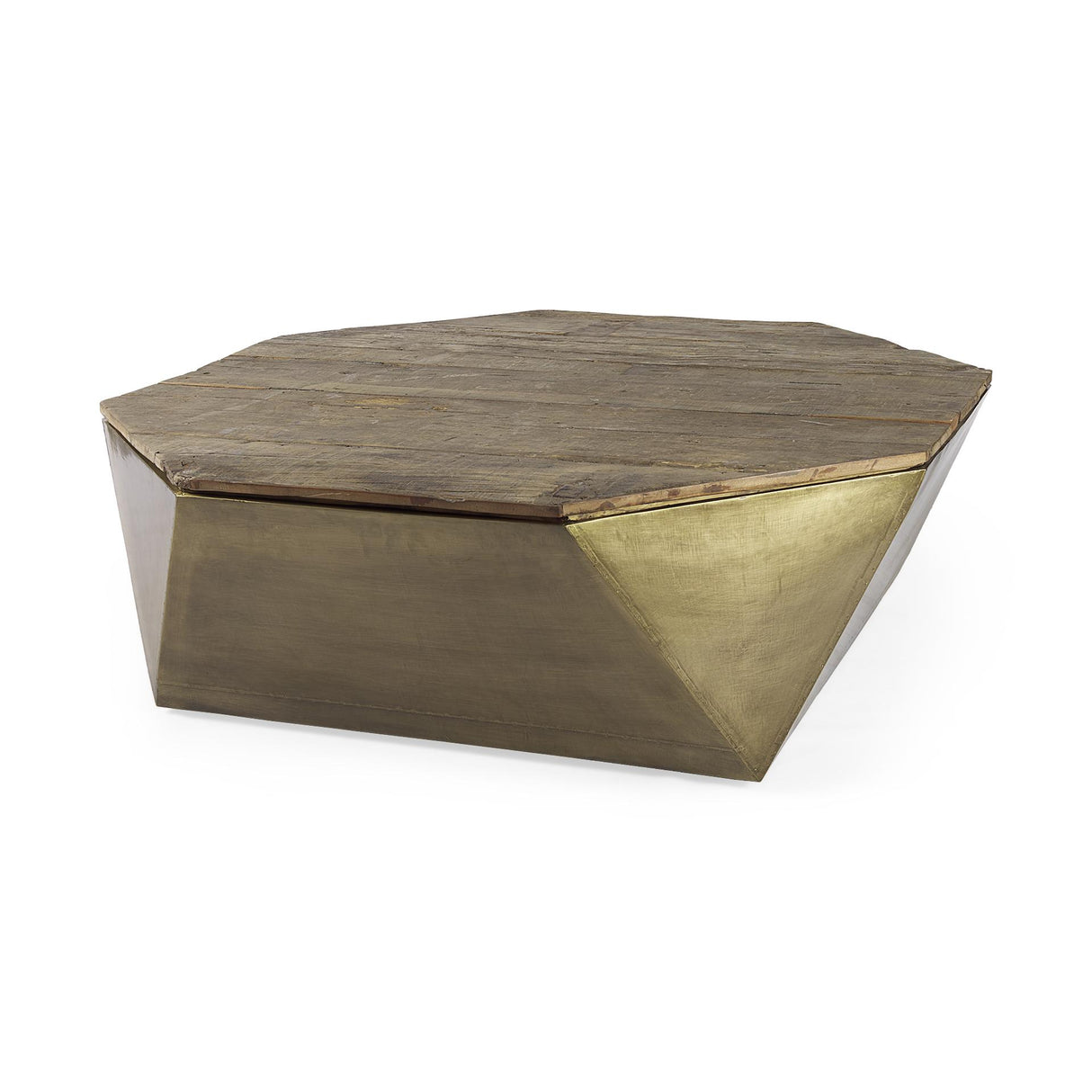 Mercana Esagono Octagonal Gold Metal-Clad Reclaimed Wood Coffee Table w/ Storage
