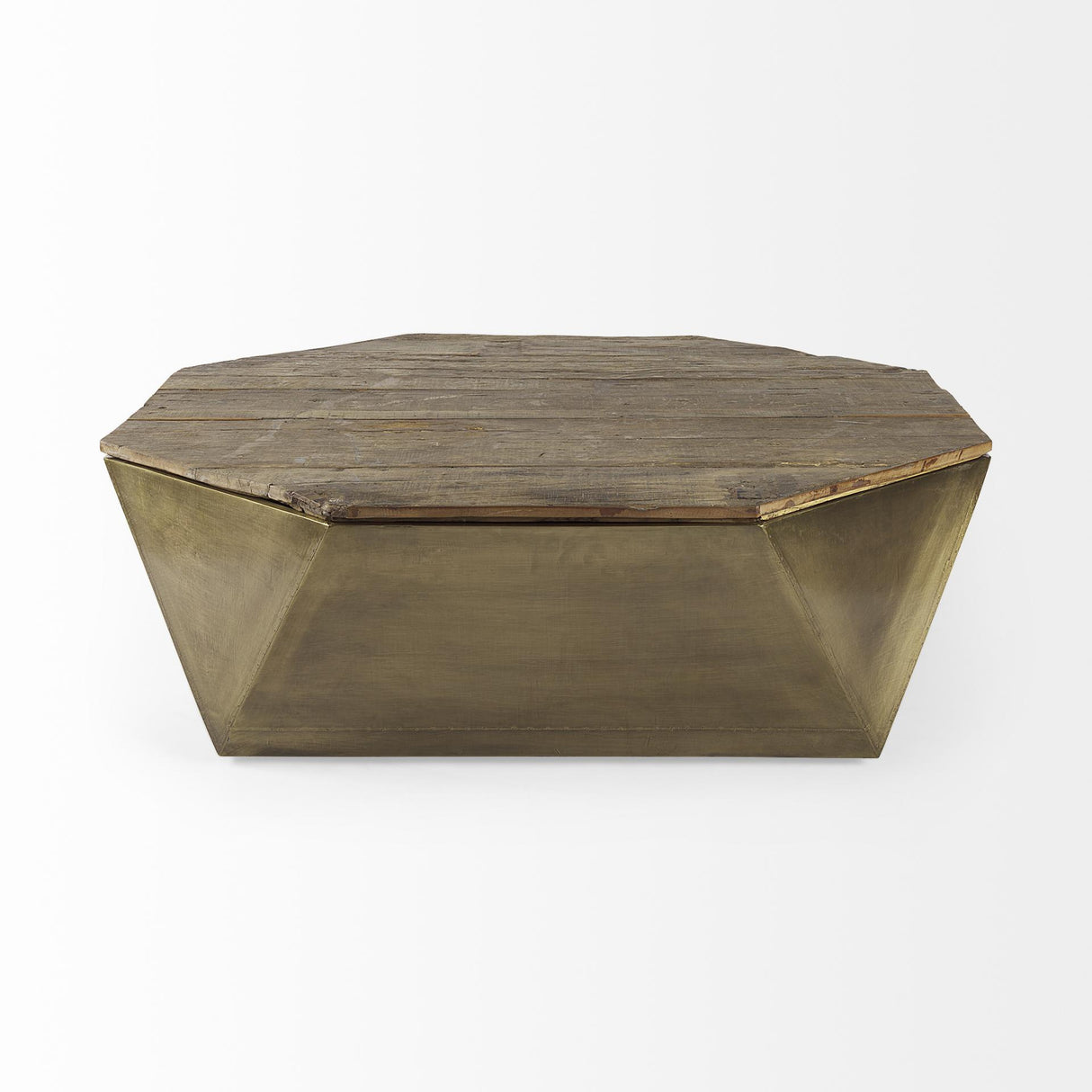Mercana Esagono Octagonal Gold Metal-Clad Reclaimed Wood Coffee Table w/ Storage
