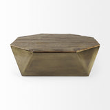 Mercana Esagono Octagonal Gold Metal-Clad Reclaimed Wood Coffee Table w/ Storage