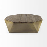 Mercana Esagono Octagonal Gold Metal-Clad Reclaimed Wood Coffee Table w/ Storage