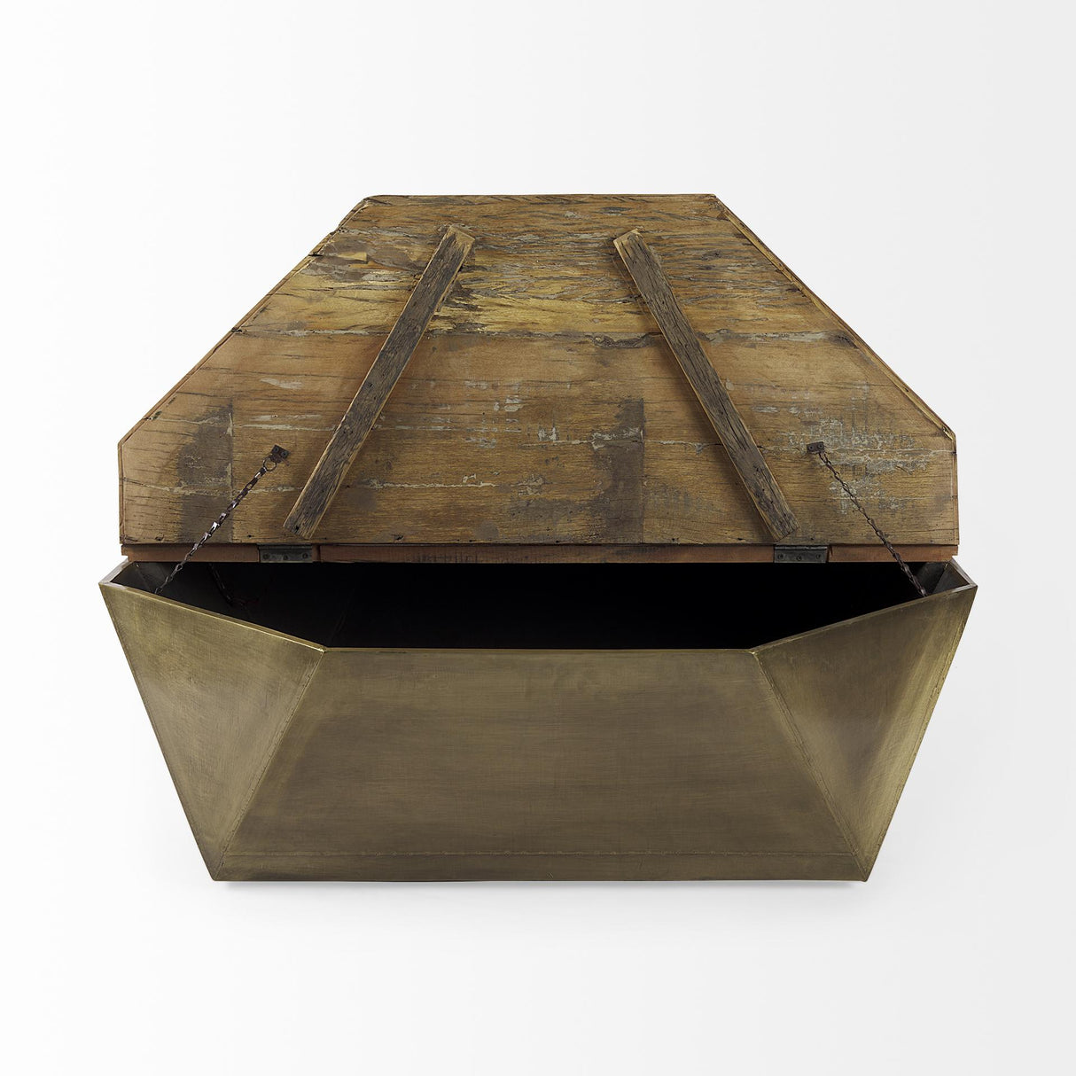 Mercana Esagono Octagonal Gold Metal-Clad Reclaimed Wood Coffee Table w/ Storage