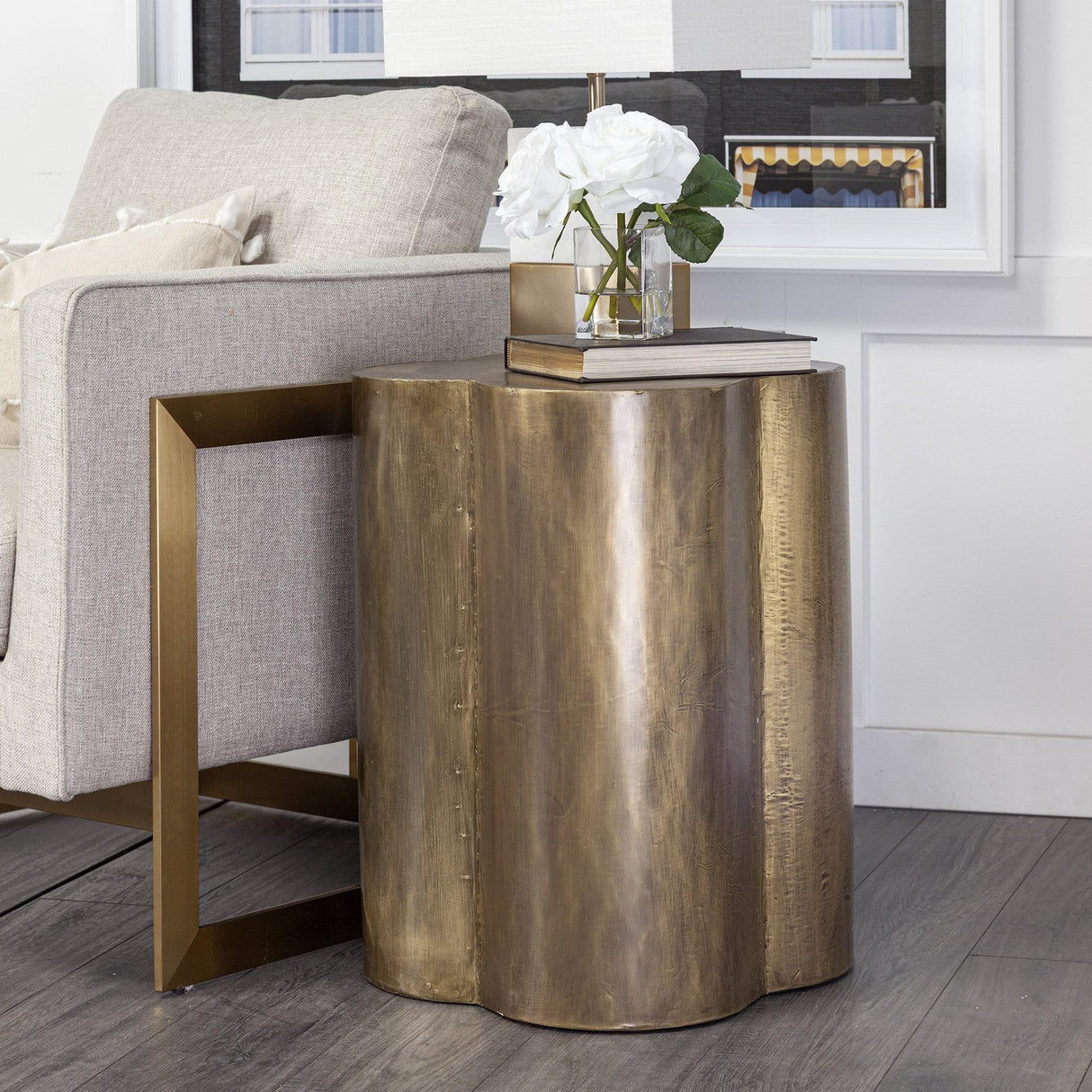 Mercana Quatrefoil 18L x 18W Gold Flower W/ Wooden Top Brass Cladding Accent Table