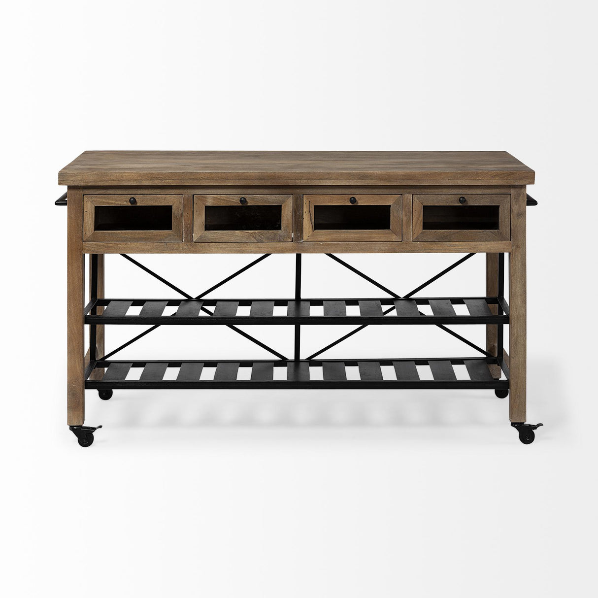 Mercana Stuart I Brown Solid Wood Top Two-Tier Black Metal Rolling Kitchen Island