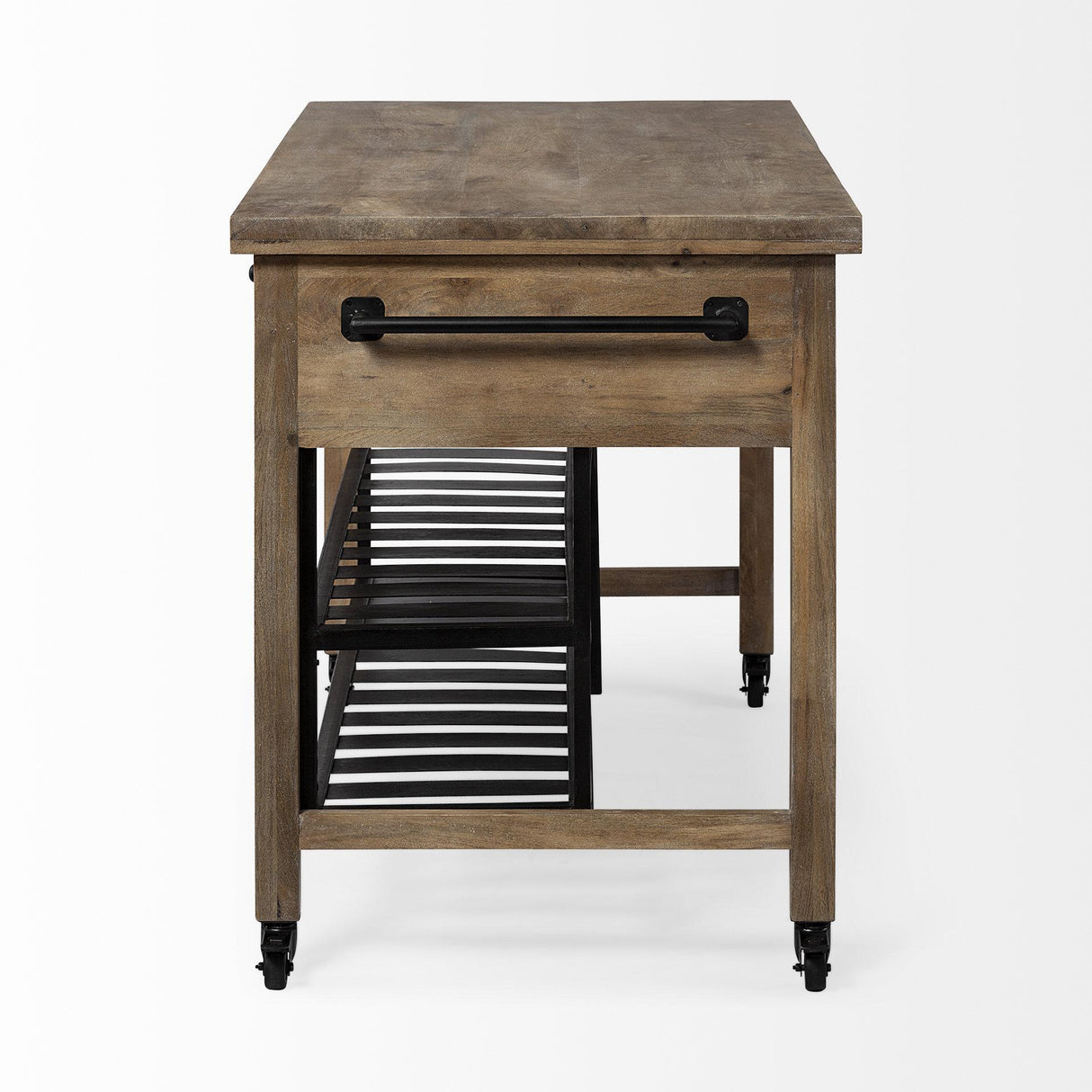 Mercana Stuart I Brown Solid Wood Top Two-Tier Black Metal Rolling Kitchen Island