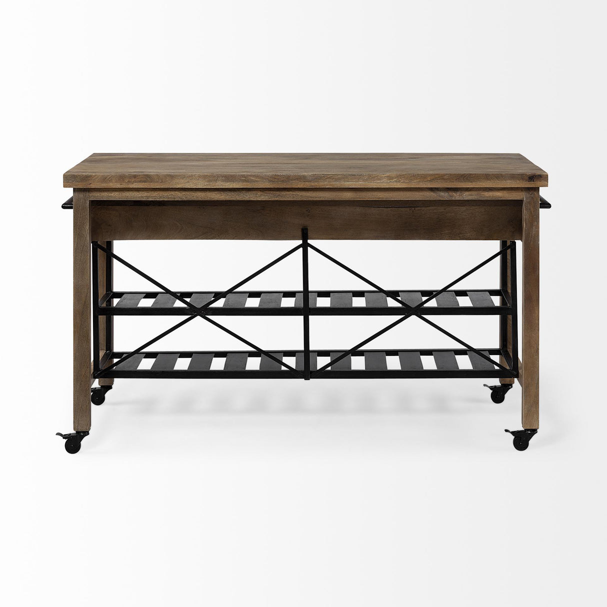 Mercana Stuart I Brown Solid Wood Top Two-Tier Black Metal Rolling Kitchen Island