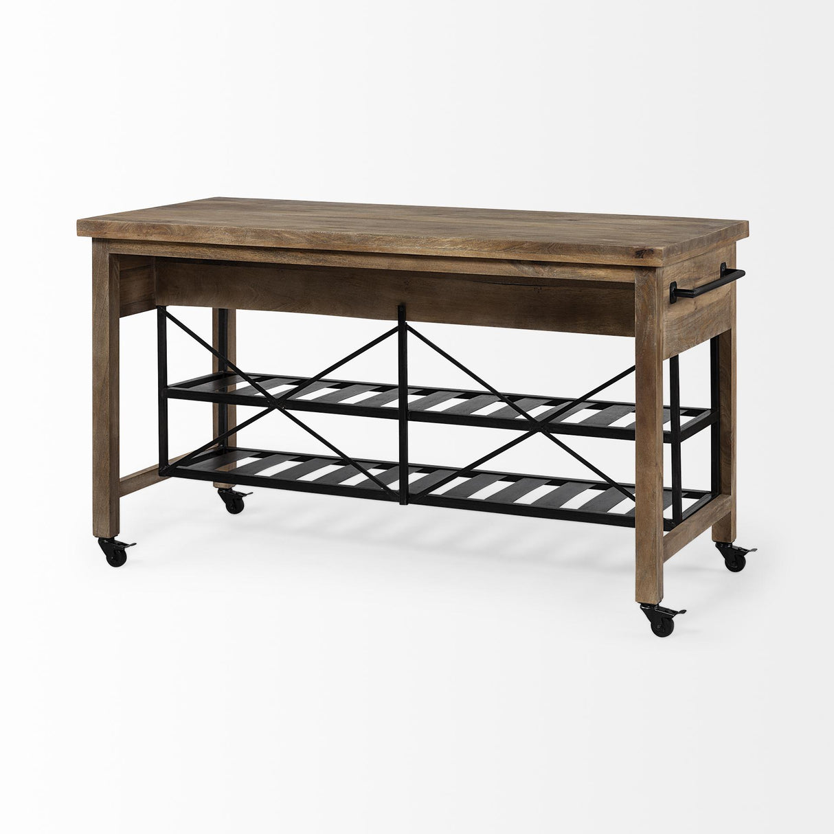 Mercana Stuart I Brown Solid Wood Top Two-Tier Black Metal Rolling Kitchen Island