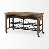 Mercana Stuart I Brown Solid Wood Top Two-Tier Black Metal Rolling Kitchen Island