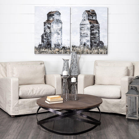 Mercana Triumph 40" Round Brown Solid Wood Top Black Metal Base Coffee Table