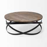 Mercana Triumph 40" Round Brown Solid Wood Top Black Metal Base Coffee Table