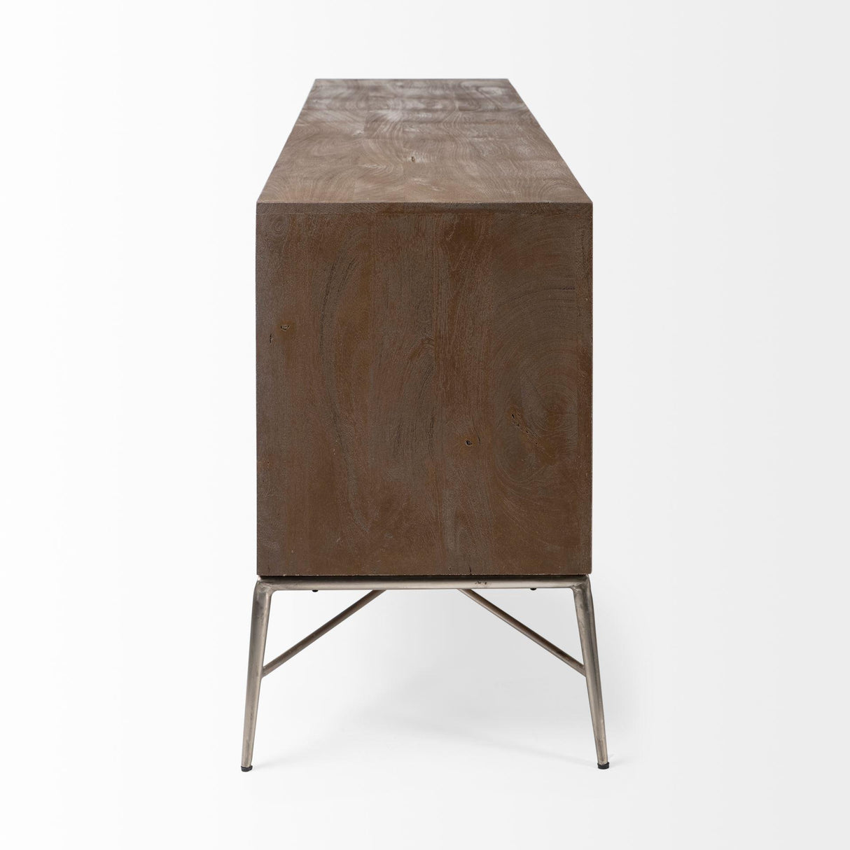 Mercana Swordfish 72L x 19W x 30.25H Two-Tone Brown Wood Cabinet Silver Metal Base 4 Cabinet Door Sideboard