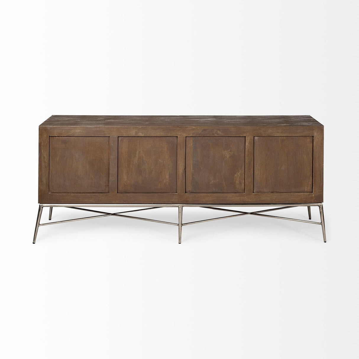 Mercana Swordfish 72L x 19W x 30.25H Two-Tone Brown Wood Cabinet Silver Metal Base 4 Cabinet Door Sideboard