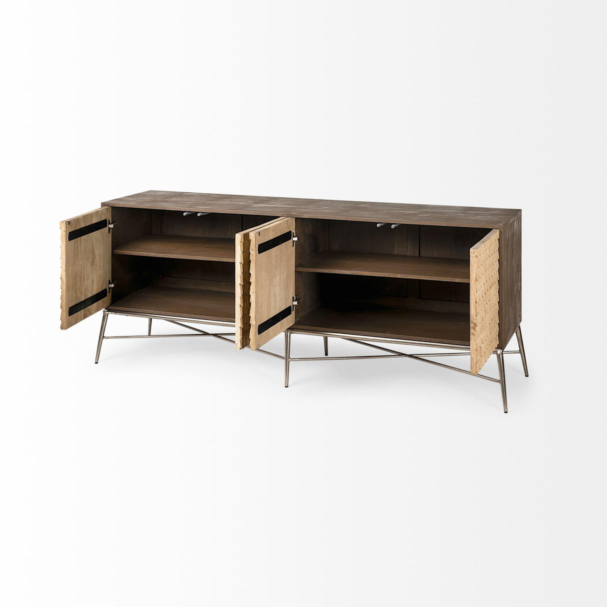 Mercana Swordfish 72L x 19W x 30.25H Two-Tone Brown Wood Cabinet Silver Metal Base 4 Cabinet Door Sideboard
