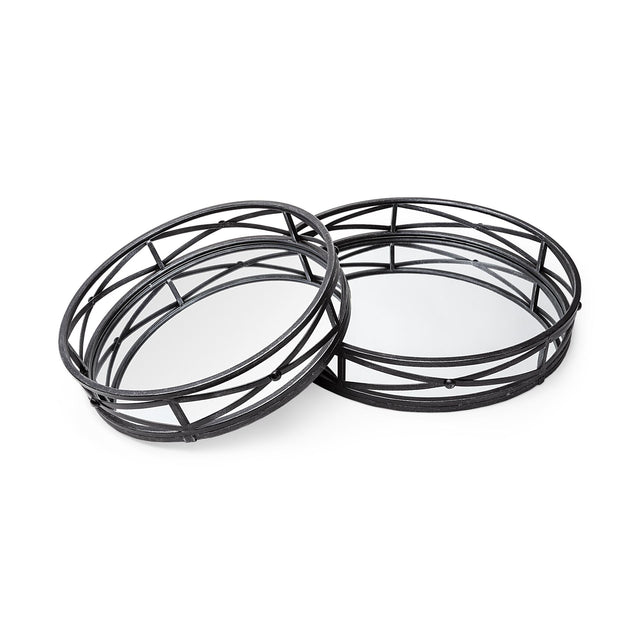 Mercana Piers (Set of 2) Black Metal Mirrored Round Trays