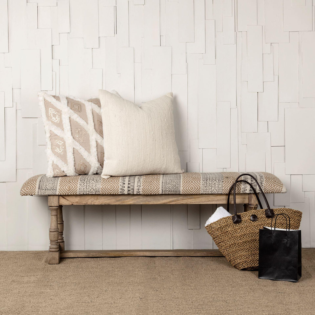 Mercana Greenfield II 59L x 14W Patterned Tan Upholstered Wood Frame Accent Bench
