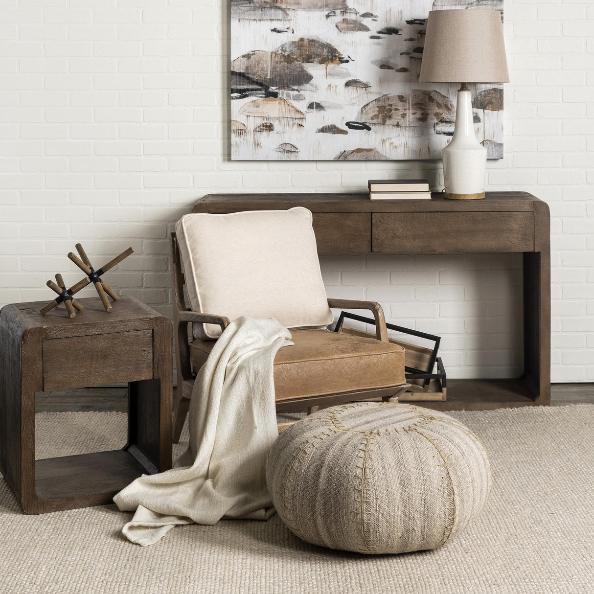 Mercana Harman II Cream Fabric and Brown Leather Seat Accent Chair