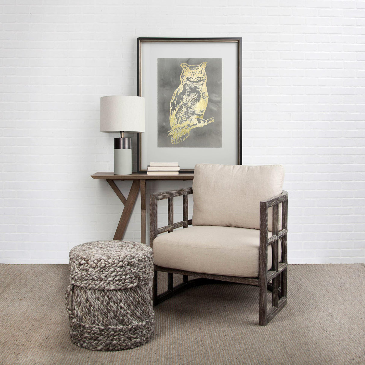 Mercana Skylar I Cream Fabric Covered Cushioned Demi-Lune Wooden Frame Accent Chair