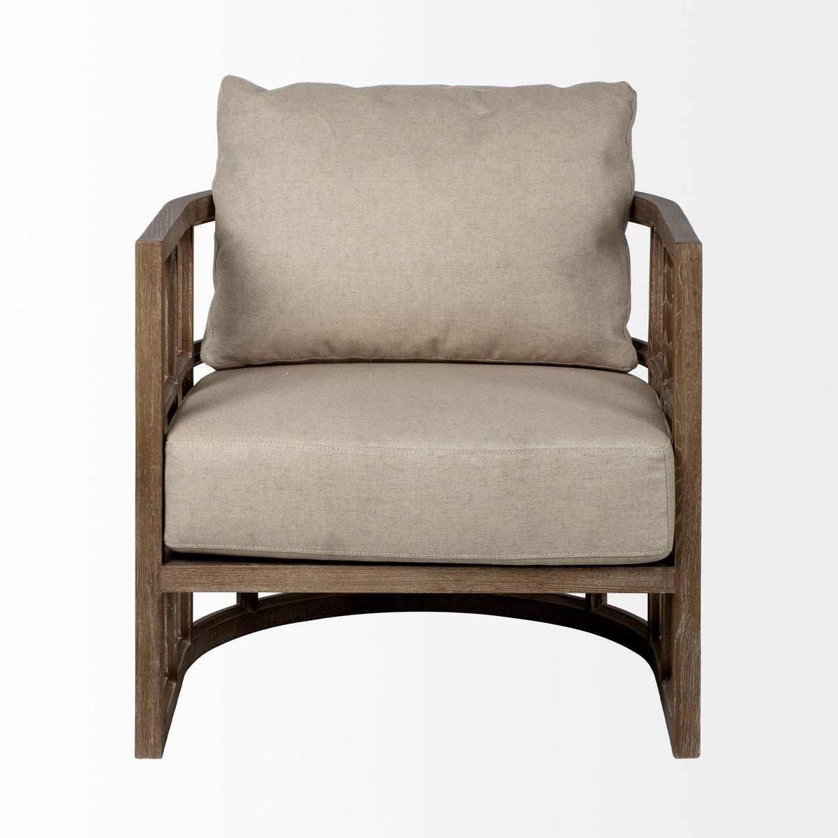 Mercana Skylar II Tan Fabric Covered Cushioned Demi-Lune Wooden Frame Accent Chair