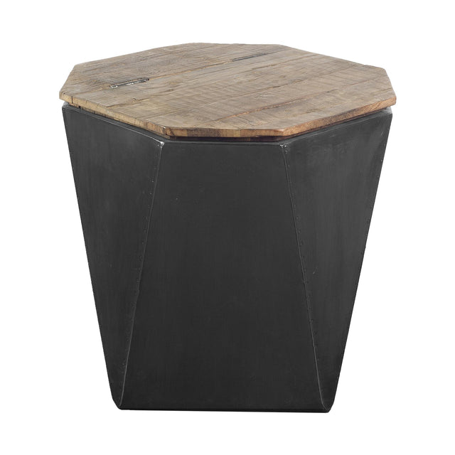 Mercana Esagono Octagonal Black Metal-Clad Reclaimed Wood End/Side Table w/ Storage