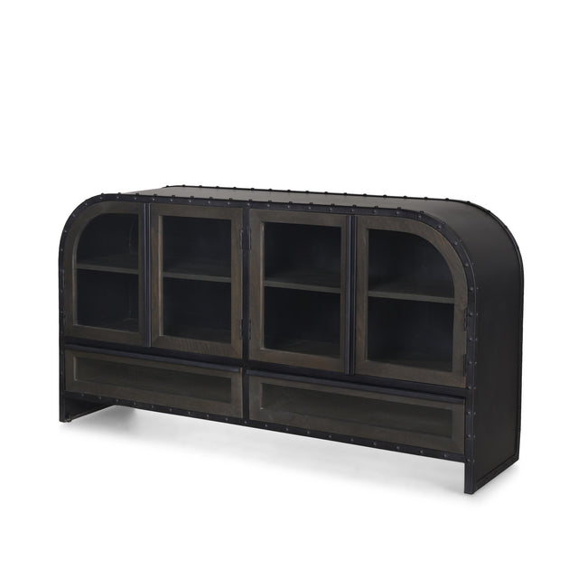 Mercana Gehry I 62.3x16.5 Black Metal Frame w/Wood Accent 4 Cabinet Door Two Drawer Sideboard