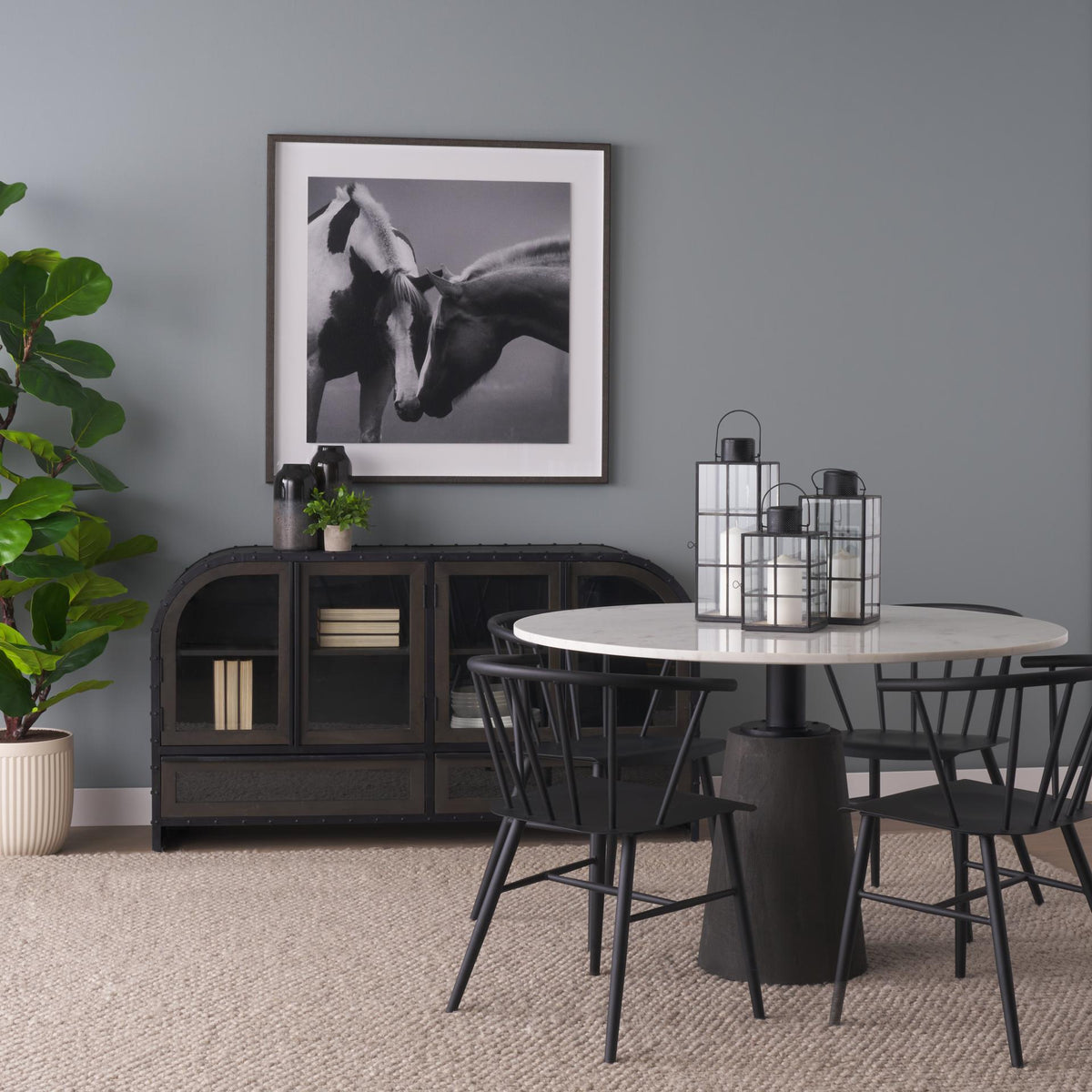 Mercana Gehry I 62.3x16.5 Black Metal Frame w/Wood Accent 4 Cabinet Door Two Drawer Sideboard