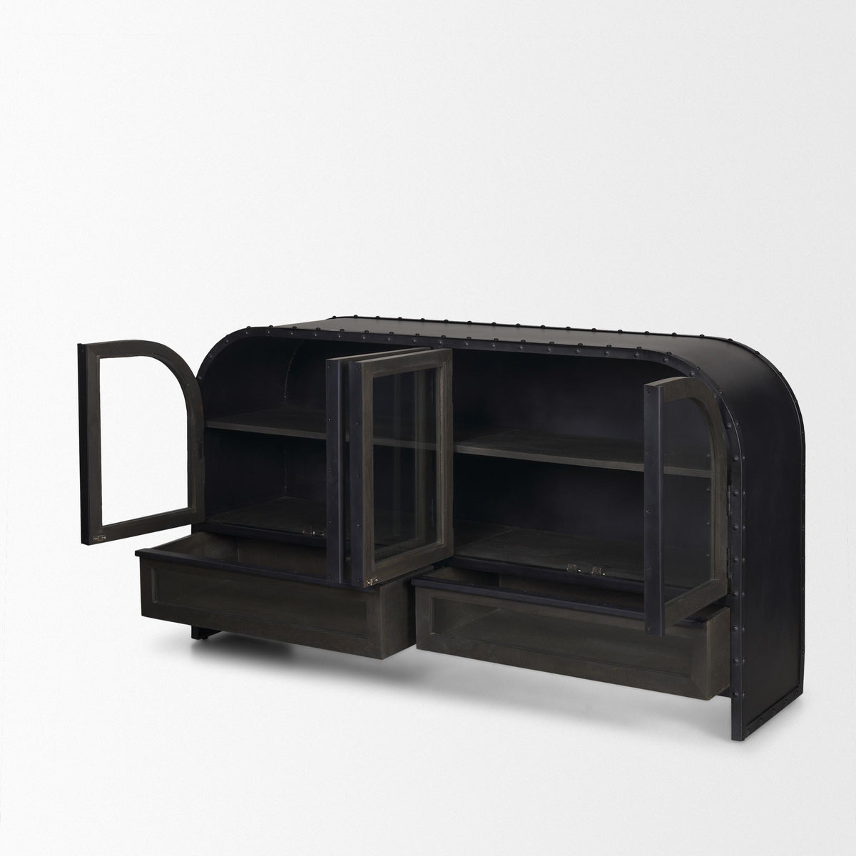 Mercana Gehry I 62.3x16.5 Black Metal Frame w/Wood Accent 4 Cabinet Door Two Drawer Sideboard