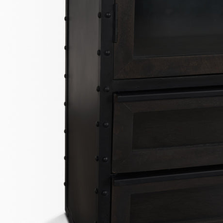 Mercana Gehry 72.3" H Dark Brown Metal Brown Wood and Glass Door Display Cabinet