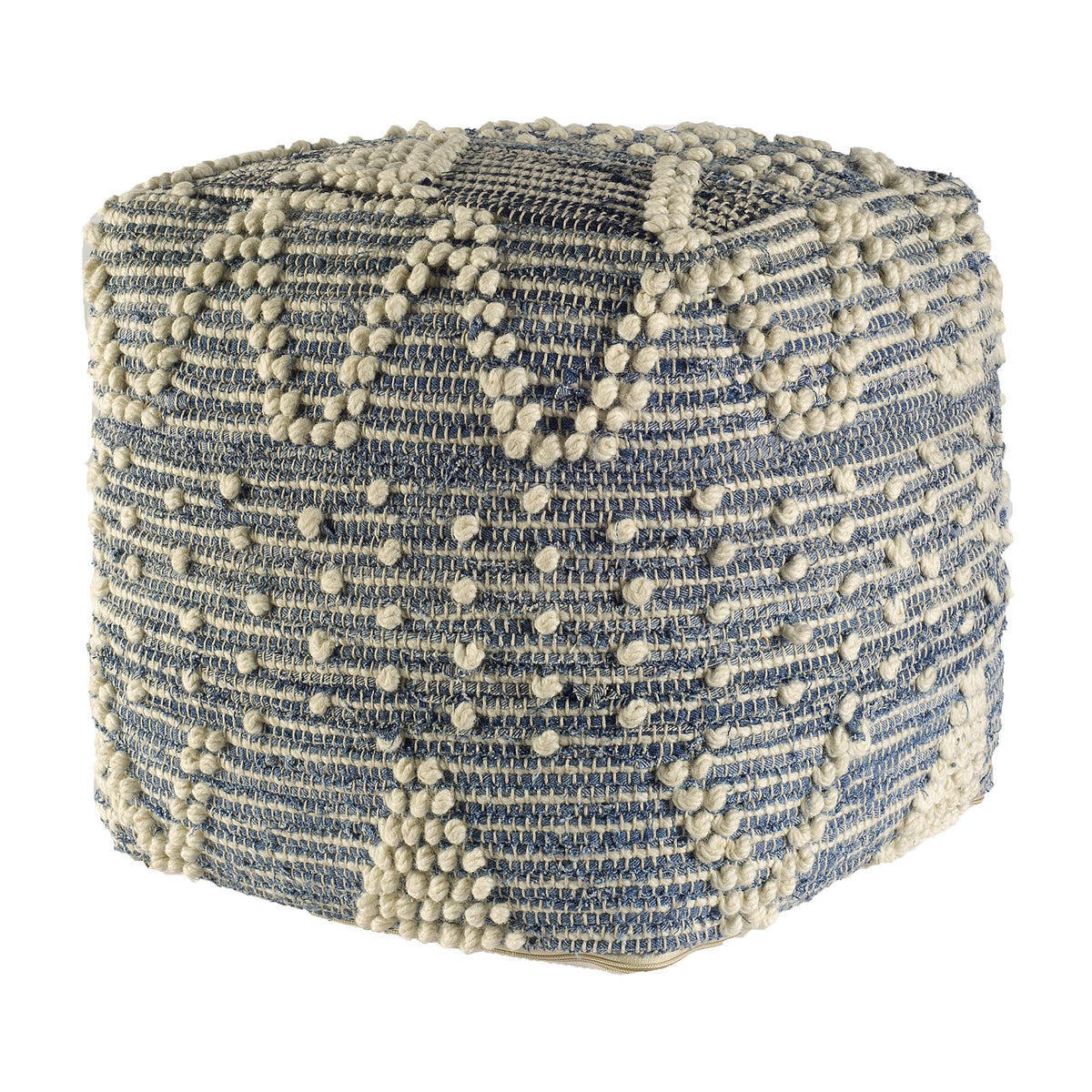 Mercana Rofi Blue Denim and Cream Cotton Stitched Square Pouf
