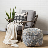 Mercana Rofi Blue Denim and Cream Cotton Stitched Square Pouf