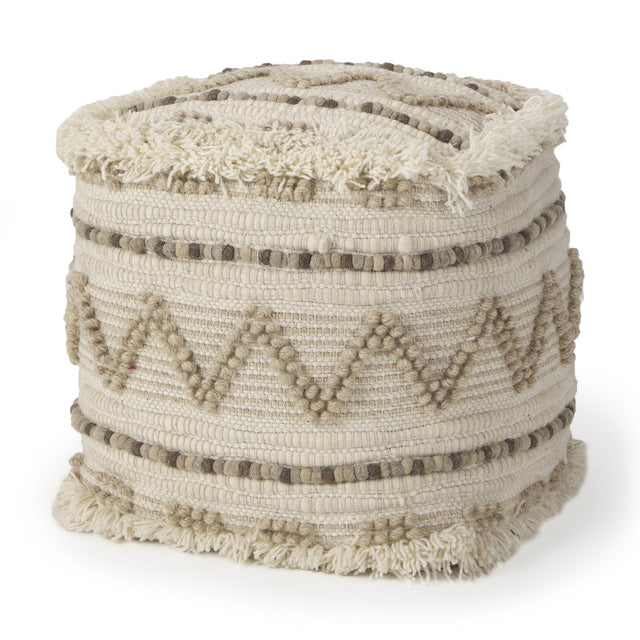 Mercana Caela Beige/Brown Wool, Cotton and Felt Popcorn Stitch Square Pouf