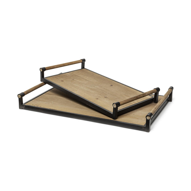 Mercana Benson Set of 2 Brown Wood Black Metal Trays