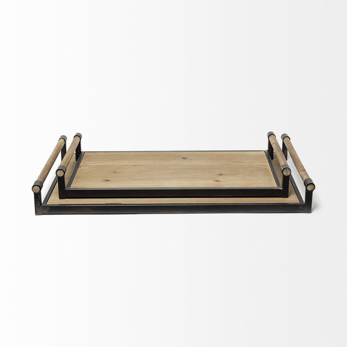 Mercana Benson Set of 2 Brown Wood Black Metal Trays