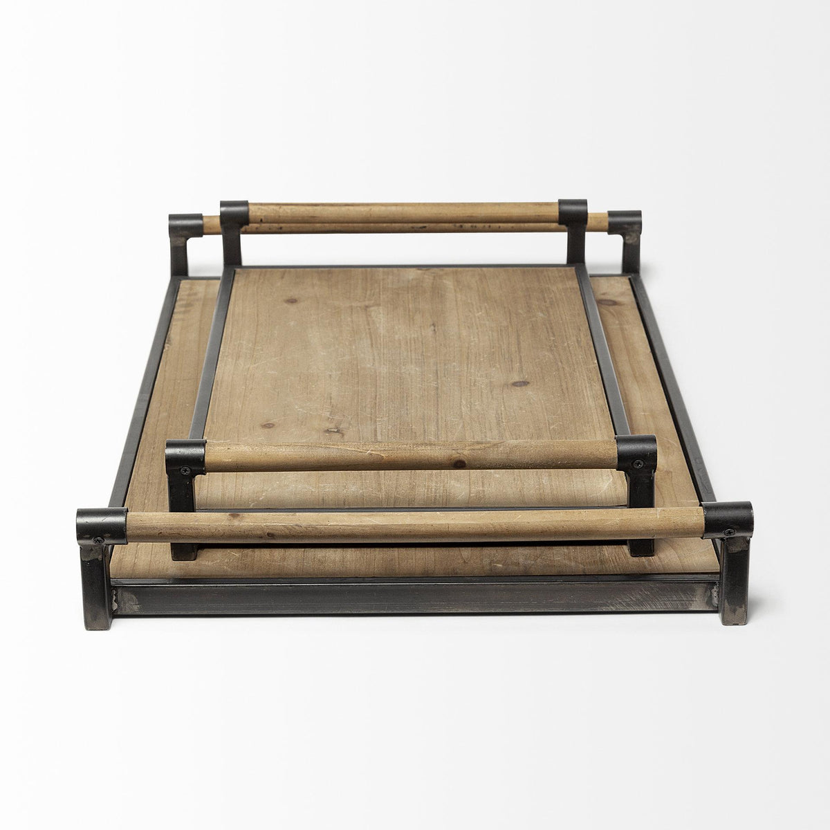 Mercana Benson Set of 2 Brown Wood Black Metal Trays