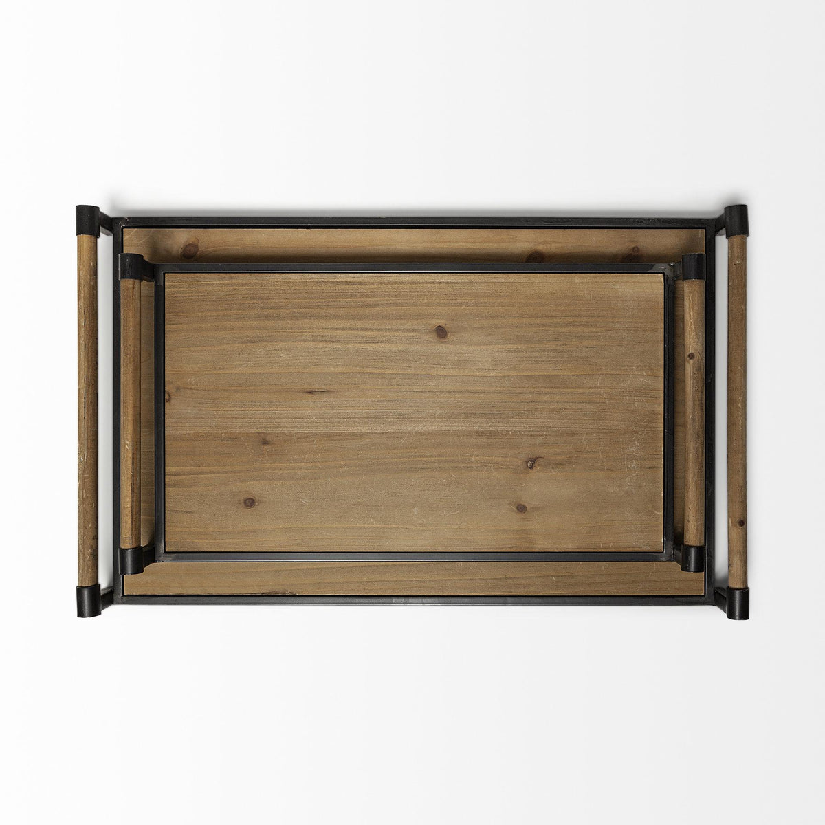 Mercana Benson Set of 2 Brown Wood Black Metal Trays