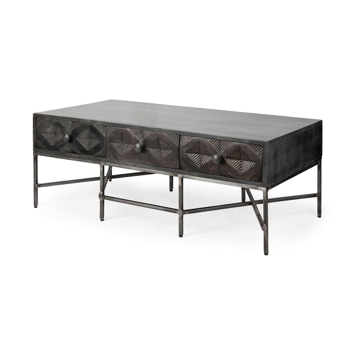 Mercana Hogarth 48x24 Rectangular Brown Solid Wood Top Iron Metal Base w/6 Drawers Coffee Table