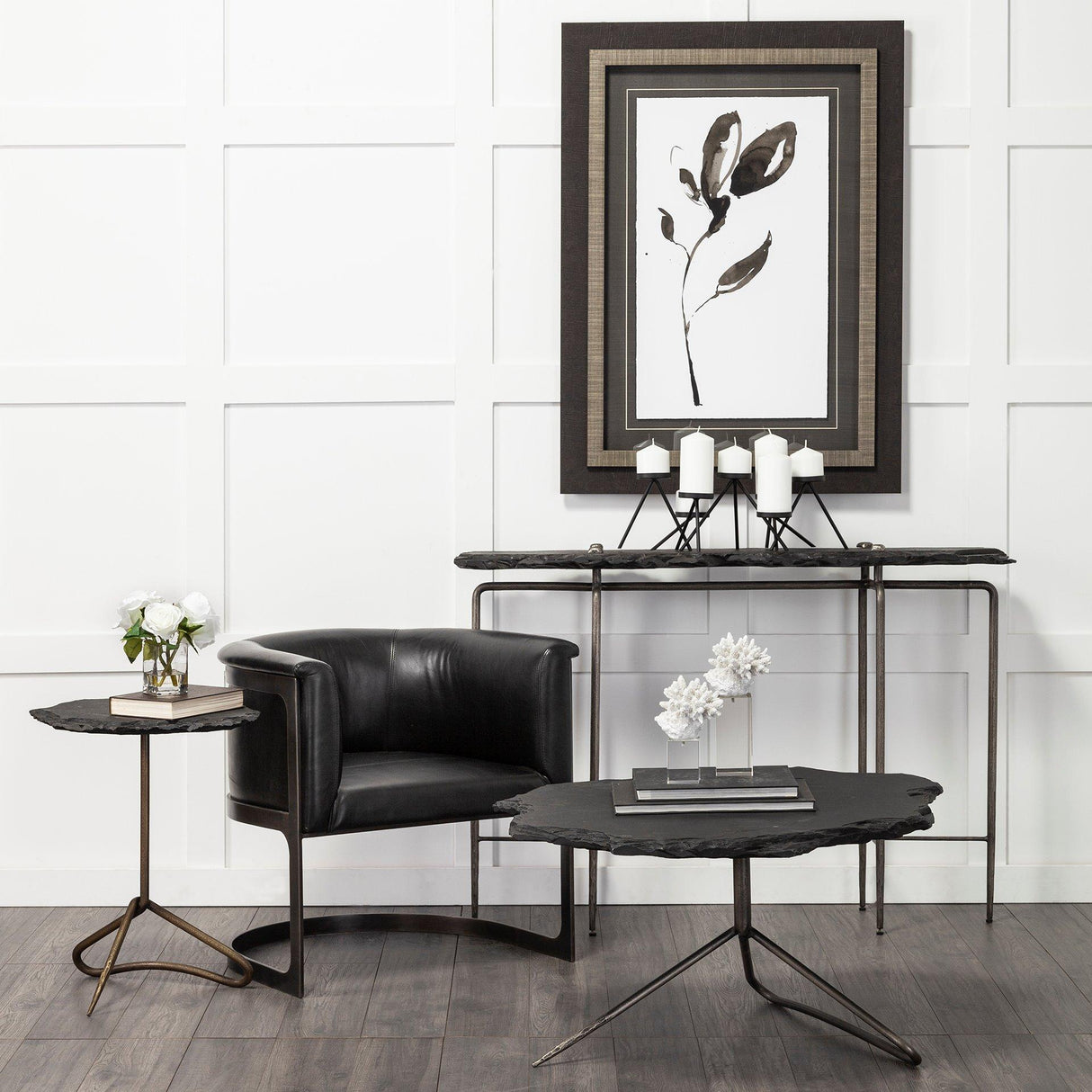 Mercana Pinera II 19L x 19W Black Slate Top W/ Triangular Iron Base Accent Table